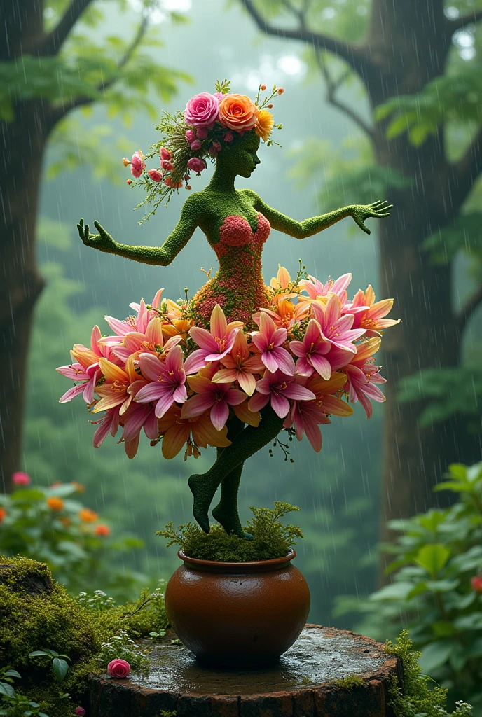 A human like figure made of flowers dancing on a pot, forest rain background