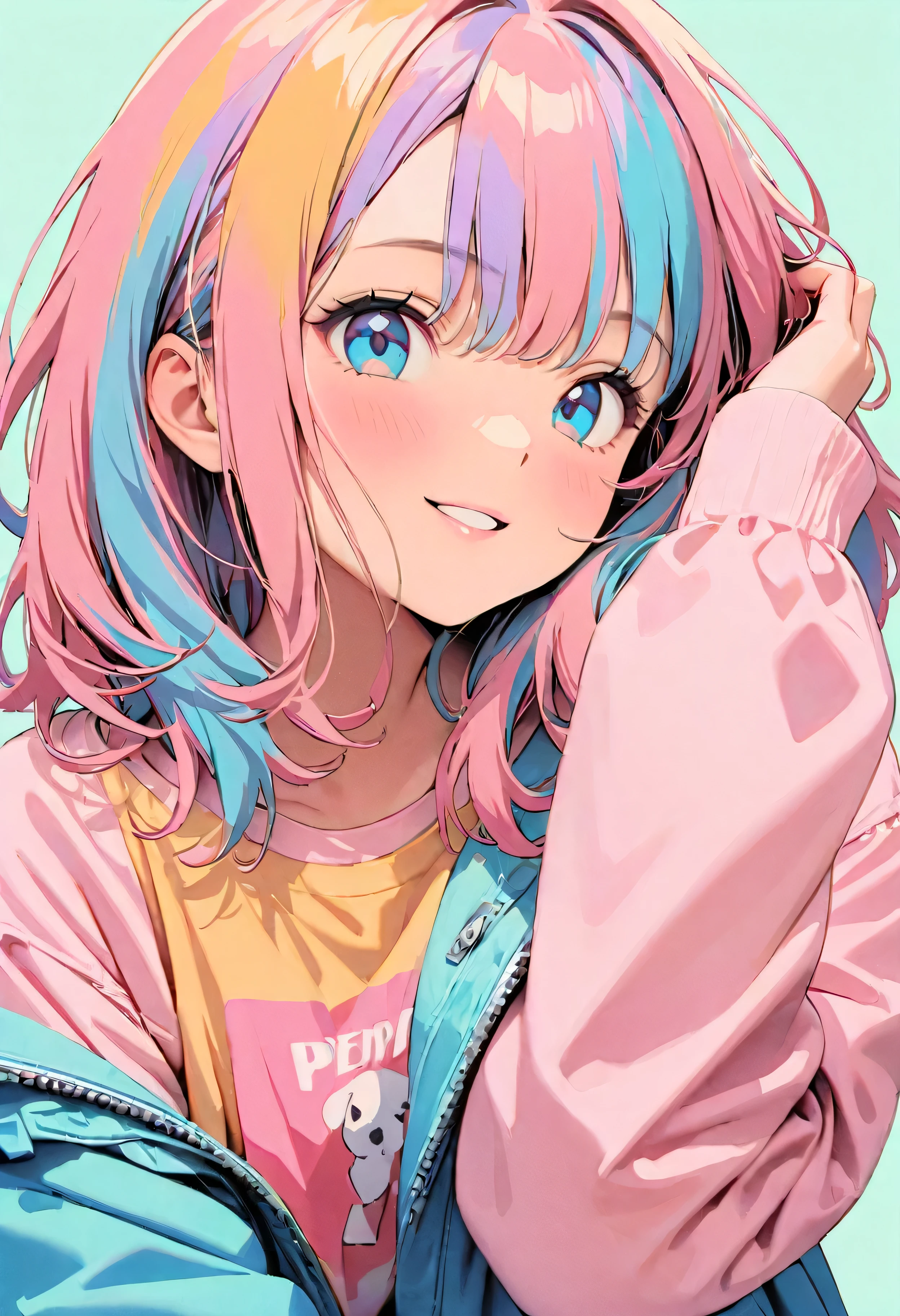 (Highest quality:1.2, City Pop Style, Very detailed, Latest, Vibrant, High Contrast, masterpiece:1.2, Highest quality, Best aesthetics), smile, ((Face Up Shot:1.4)), Colorful Hair, pastel colour, 1980s style, ((Retro, Vintage, Plain background))