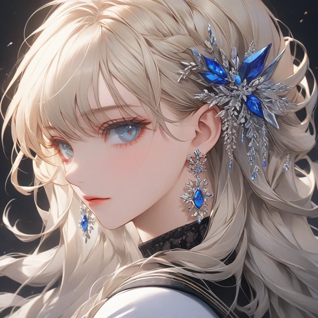 high resolution, Masterpiece, Anatomically correct, precise, qualityที่ดีที่สุด, quality, 1 woman, Age 20 years, very long hair, platinum blonde hair, marine eyes, Unique hairstyles, big breasts, earring, Dark makeup, A cold expression., simple background, Close-up photography, decorations, Anime style , royality , princress ,cute