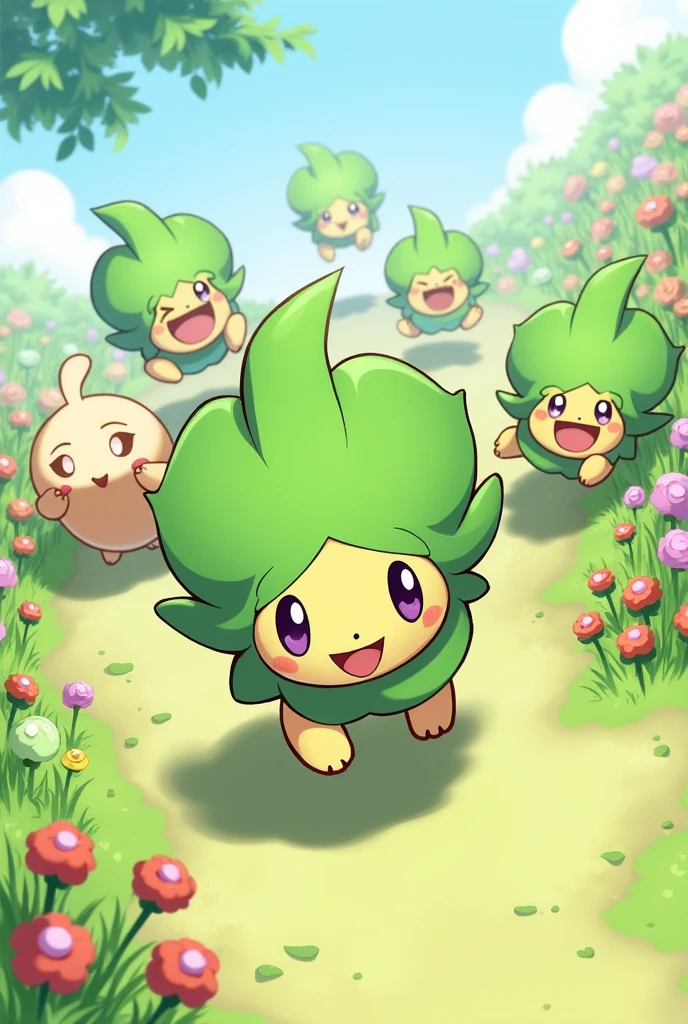 Pokemon chicorita running over other pokemon