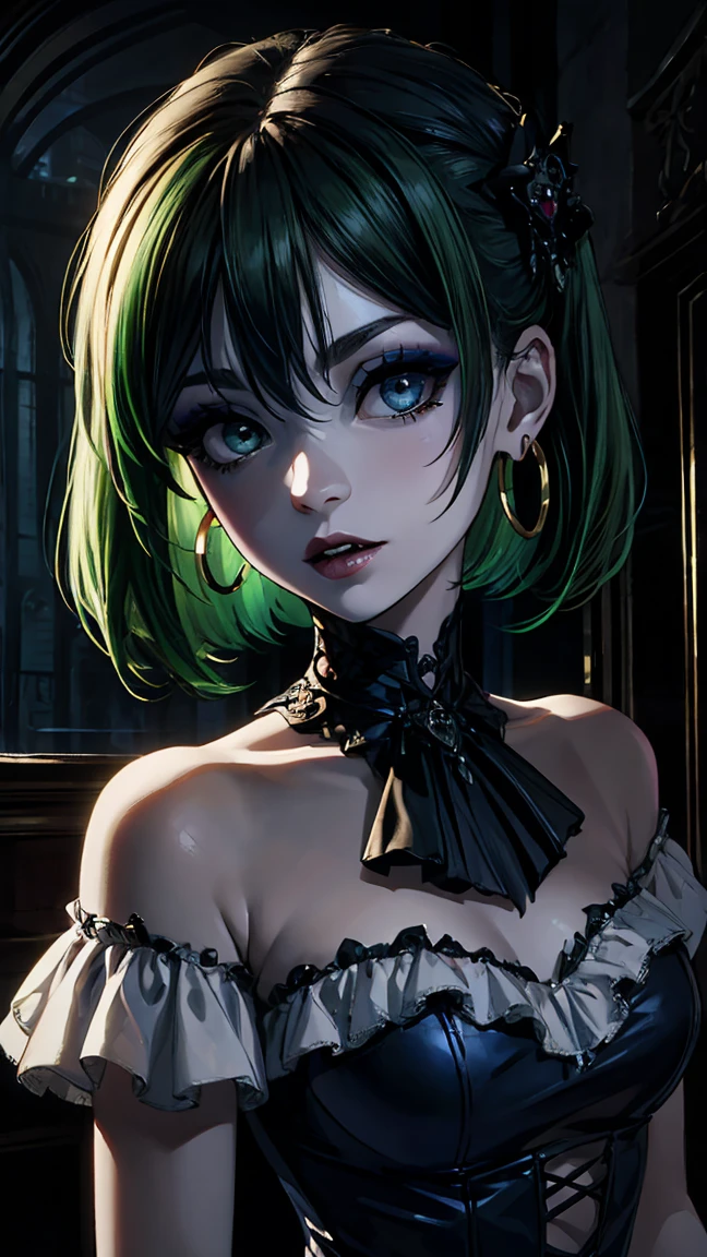 ((masterpiece)), ((best quality)), perfect detailed eyes, perfect detailed face, green hair, medium hair, forehead jewel, hollow eyes, hoop earrings, makeup, turn pale, white skin, shaded, Baroque, cinematic lighting, high quality, accurate, 8k, Vampire, gothic lolita style dress, dark blue dress, bats in the background, dark fantasy, horror