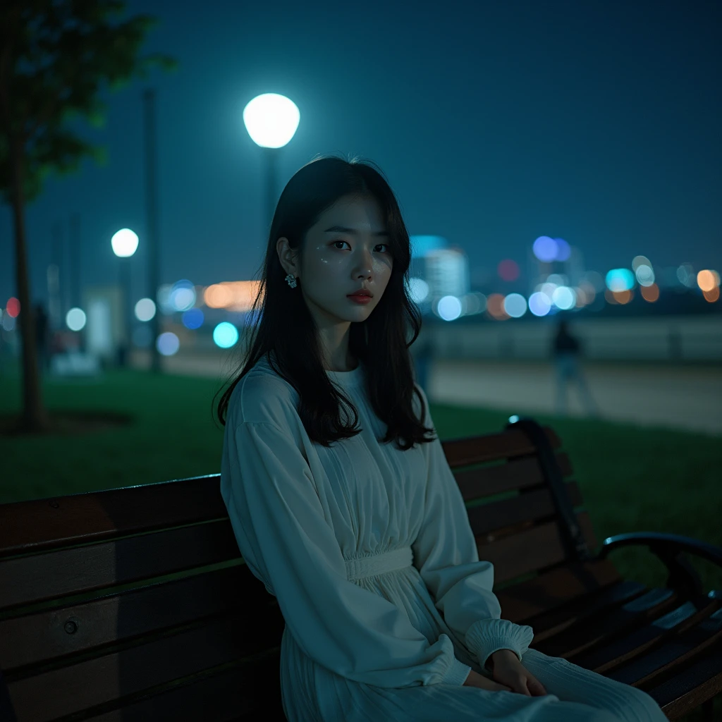A hansohee sitting on a bench in the park, night lights, city Lights, Moonlight, noche4k, Fujifilm XT3, 8k, maximum result, photographed on a Kodak, award-winning photography, (ultra realistic:1.5), (Best Quality:1.5), photorealistic, detailed skin texture, masterpiece, (photorealistic:1.4), raw photo,  perfect shading, Realism, Photography,Detailed facial texture, detailed lip texture, ear detail, Eye Detail,  depth of field,