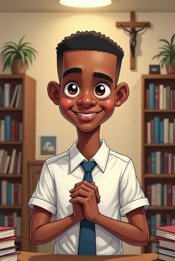 make a caricature drawing of a young student man who is studying hard, responsible, obedient, respectful, faithful to God, always praying. background is library and has a jesus christ cross in the wall (make it small size). his skintone color is brown and buzz cut haircut.