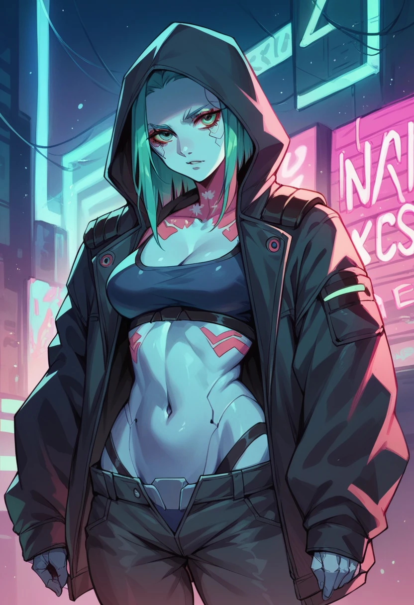 cyberpunk style, hood, neon lights, high-tech clothing,