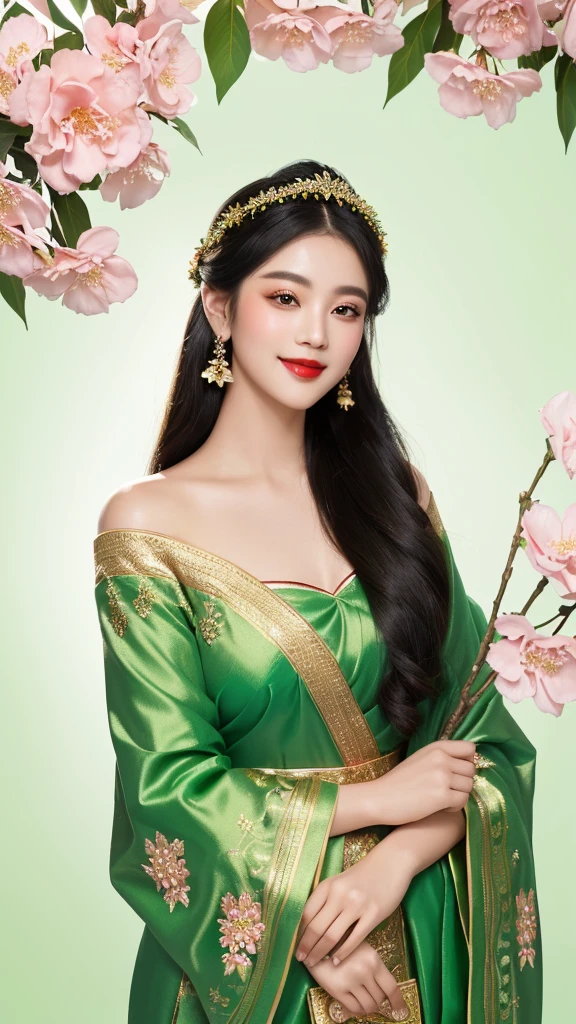 A painting of a beautiful young woman in a dark green traditional Thai dress, decorated with gold and red, decorated with pink and green flowers, on a green background of trees, leaves and white flowers. She has long straight black hair tied up high, wears gold and green gemstone jewelry, decorated with pink flowers on her head. She is smiling brightly, her face is white, bright red lips, sparkling eyes, the light falling on her face creates soft shadows.