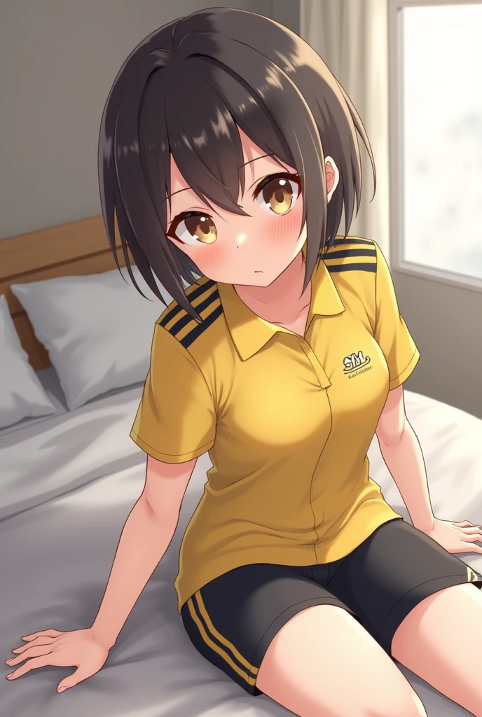 A girl with almost short hair wears a short-sleeved yellow uniform shirt with black stripes on the shoulders and short black shorts with yellow stripes on the sides and made of synthetic material that fits her nice and tight.. She throws herself onto the bed face first and lifts her butt, implying that we touch her, and she blushes and gets wet.