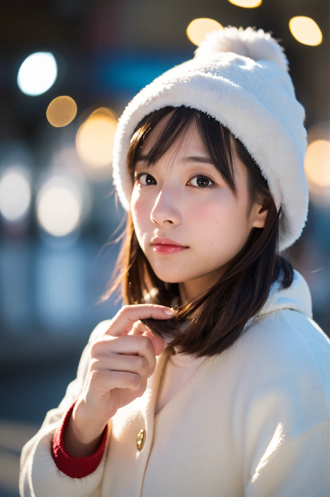 (photo realistic, (4k, 8k, masterpiece), best quality, highres, absurdres, lighting on face, beautiful eyes, shiny hair, short hair, perfect face, lustrous skin, depth of field), Japanese, selfie, looking up, tourist spot, winter clothing, Stylish hats, blush, embarrassed, wakame, BREAK