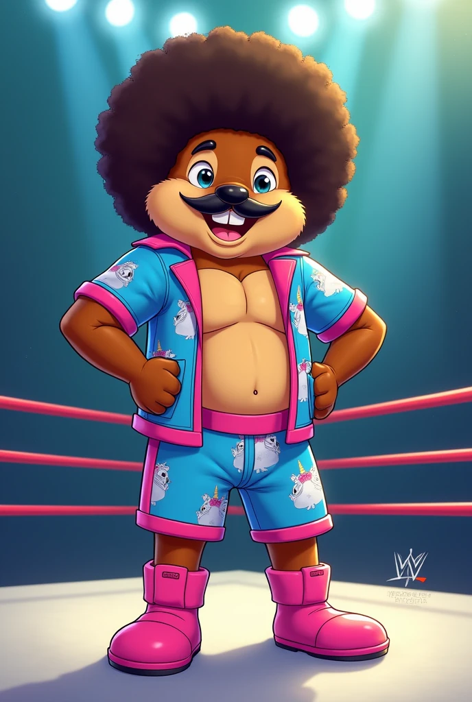 Brown cartoon woodchuck dressed like WWE wrestler Big E Langston.
cartoon woodchuck head. Cartoon woodchuck hands. Cartoon woodchuck body. Cartoon woodchuck arms. Cartoon woodchuck legs.
Black Afro head hair. Short black mustache. Skinny. Muscular.
Blue, pink, and white pants ordained with a unicorn. Blue, pink, and white jacket ordained with a unicorn.
Pink wrestling boots.
Standing in a wrestling ring.