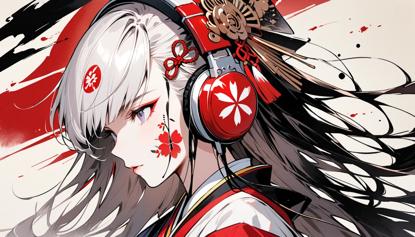 (((Ink Painting))), ((Japanese style headphones)), (((White face with Japanese pattern tattoo))), face close up, Magnificent hair ornament, Japan人の女, Fluttering Hair, Japan, Japanese flag