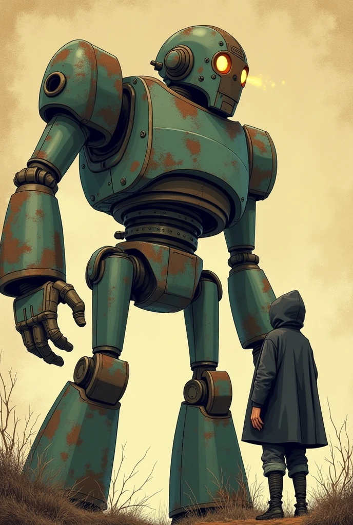 Cartoon illustration of a giant robot facing a human, The robot is made of dirty steel、Rusting over time, The human wears a plain dark cloth hood with a hood covering the head., The illustrations are drawn like cartoons from the 1940s., Faded and worn colors, It's like an old sci-fi comic.