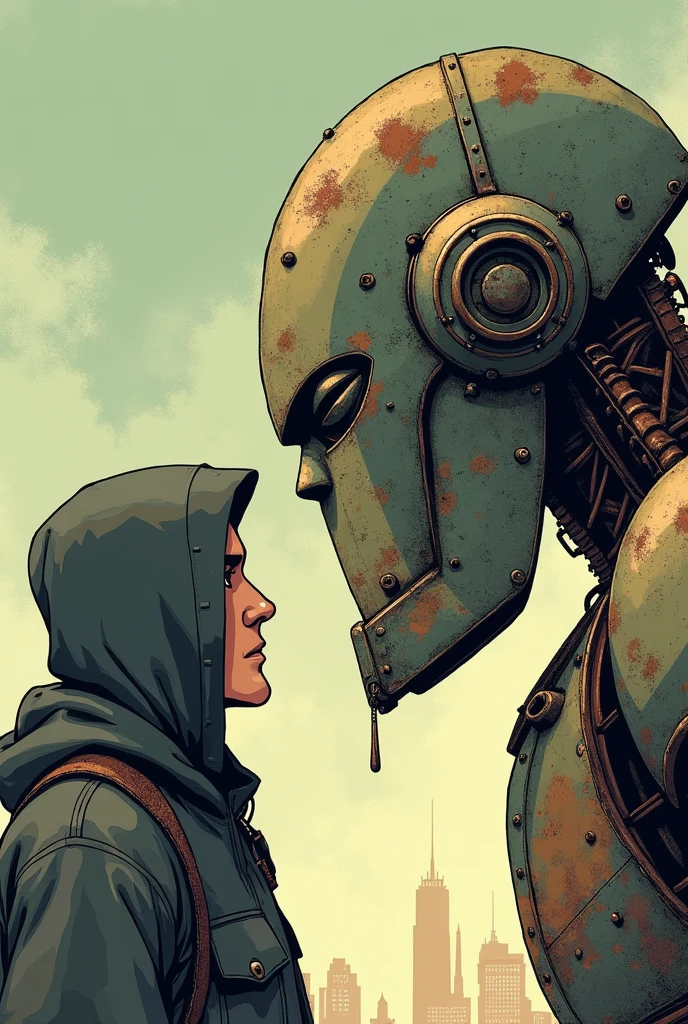 Cartoon illustration of a giant robot facing a human, The robot is made of dirty steel、Rusting over time, The human wears a plain dark cloth hood with a hood covering the head., The illustrations are drawn like cartoons from the 1940s., Faded and worn colors, It's like an old sci-fi comic.