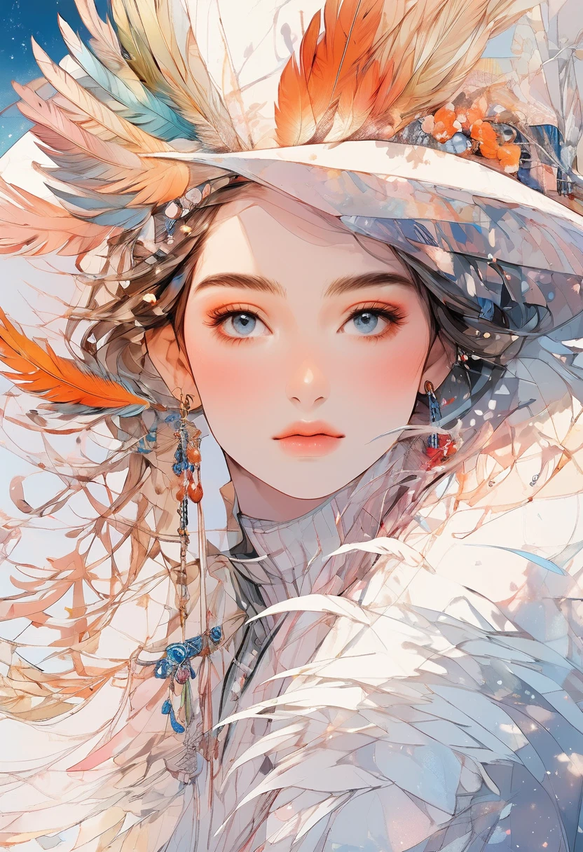 (Highest quality:0.8), (Highest quality:0.8), Perfect illustration((masterpiece, Highest quality)),masterpiece: 1.7,、top-quality、(Ultra-detail、Best Shadow:1)、(1girl in、独奏、From Side)、ighly detailed、(Abstract background、zentangle、fractal art:1.3)、(Many colors、colourfull:1.5)、(feather pen、florals petals、florals:1.3)、dynamicposes、earrings
