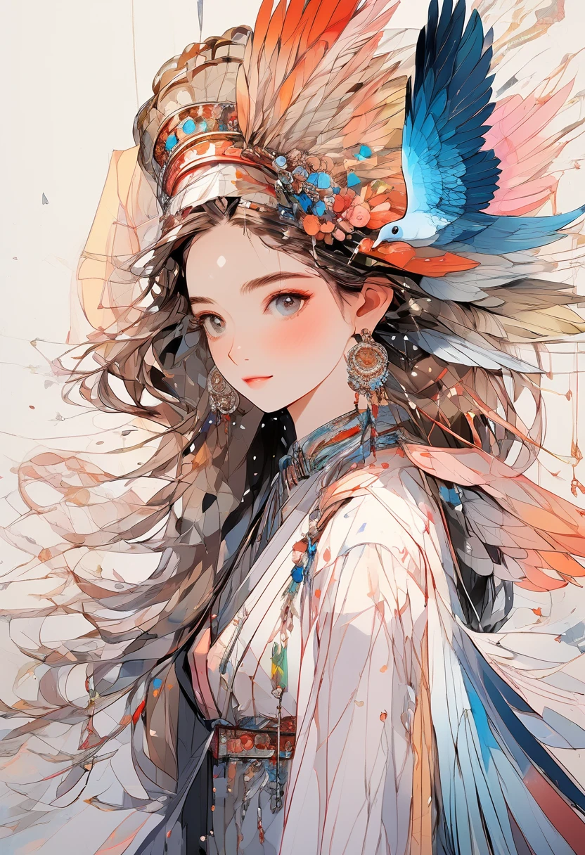 (Highest quality:0.8), (Highest quality:0.8), Perfect illustration((masterpiece, Highest quality)),masterpiece: 1.7,、top-quality、(Ultra-detail、Best Shadow:1)、(1girl in、独奏、From Side)、ighly detailed、(Abstract background、zentangle、fractal art:1.3)、(Many colors、colourfull:1.5)、(feather pen、florals petals、florals:1.3)、dynamicposes、earrings