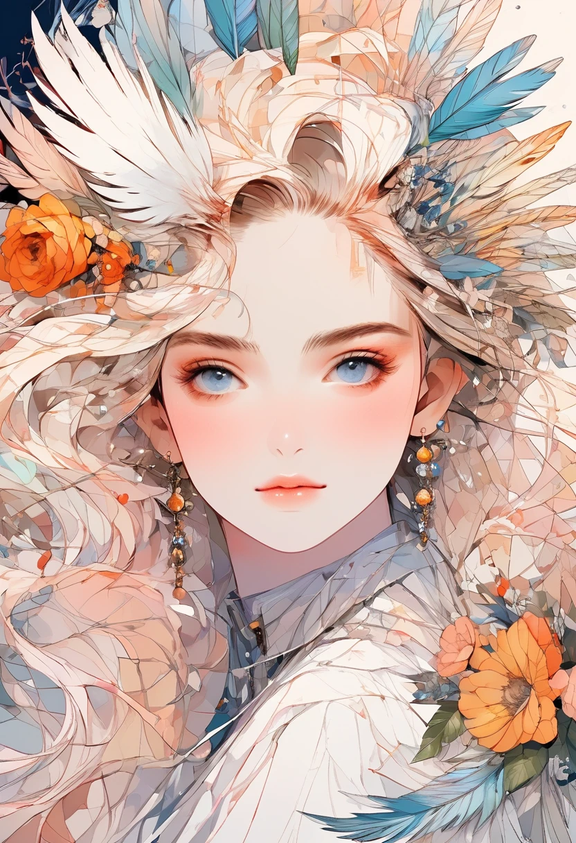 (Highest quality:0.8), (Highest quality:0.8), Perfect illustration((masterpiece, Highest quality)),masterpiece: 1.7,、top-quality、(Ultra-detail、Best Shadow:1)、(1girl in、独奏、From Side)、ighly detailed、(Abstract background、zentangle、fractal art:1.3)、(Many colors、colourfull:1.5)、(feather pen、florals petals、florals:1.3)、dynamicposes、earrings