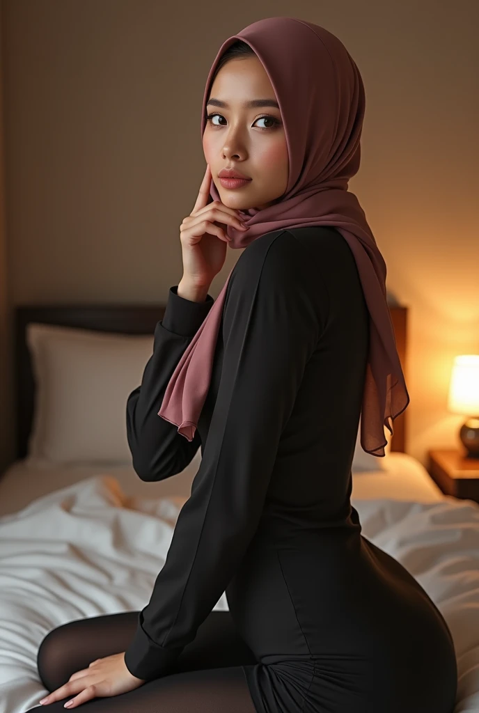 Wearing hijab, young beautiful girl, nice body, wear tights looking at the bedroom , sexy, youthful, hight quality