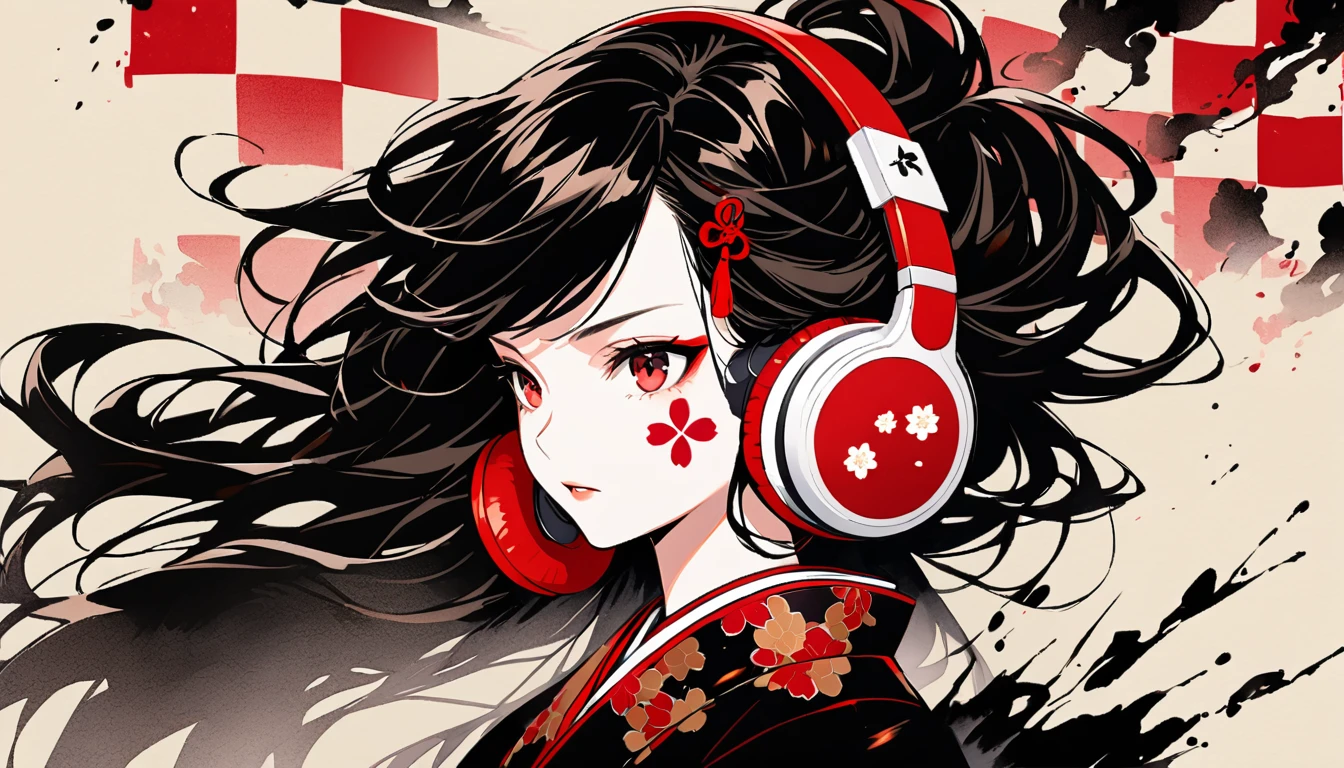 (((Ink Painting))), ((Japanese style headphones)), (((White face with Japanese pattern tattoo))), face close up, Magnificent hair ornament, Japan人の女, Fluttering Hair, Japan, Japanese flag