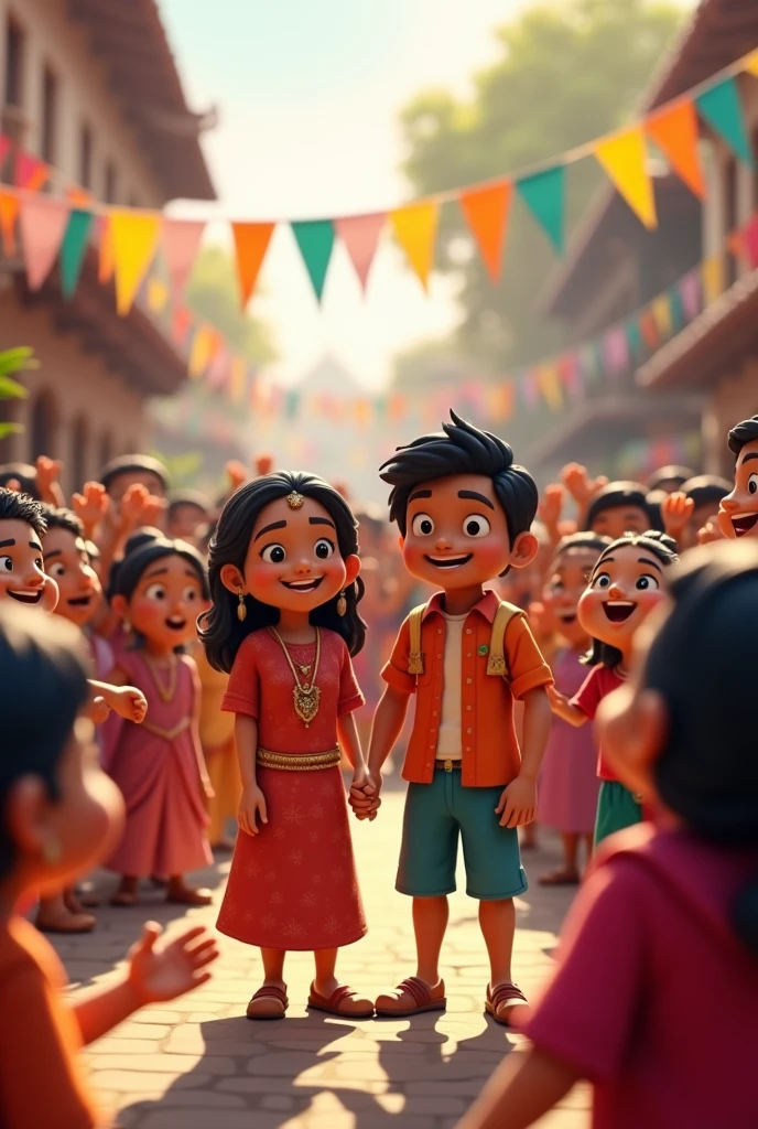 ,Victory for the Village: Villagers celebrating their victory in front of the village square. Kavya and Aditya are in the center, surrounded by happy villagers, with the outsiders reluctantly packing up their equipment in the background. 3d cartoon styles image