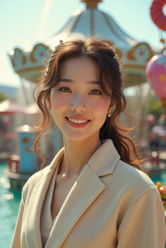 Female((35year old)), hair((wavy, golden brown)), eyes((smart eyes, green eyes)), clothes((wool, cream, cream)), accessories ((hair ornaments)), big , korean make-up look, smiling, amusement park, fountain, in sari