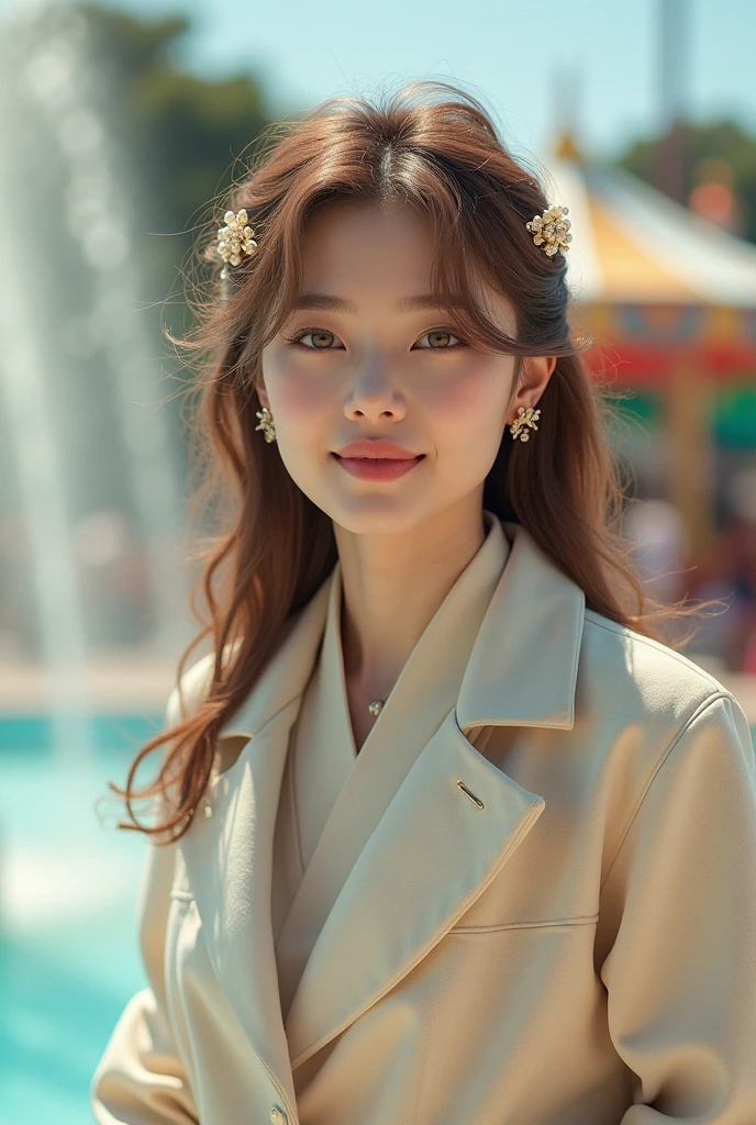 Female((35year old)), hair((wavy, golden brown)), eyes((smart eyes, green eyes)), clothes((wool, cream, cream)), accessories ((hair ornaments)), big , korean make-up look, smiling, amusement park, fountain, in sari 