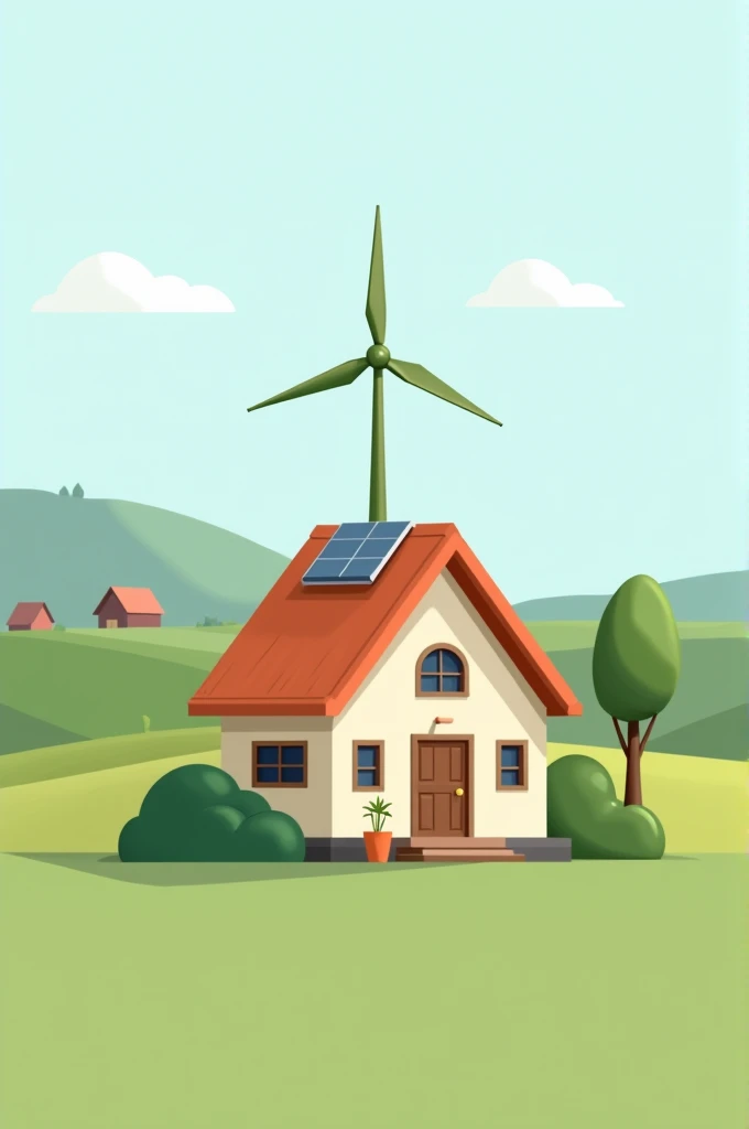 Logo with a mini wind turbine on top of a house with a rural background 