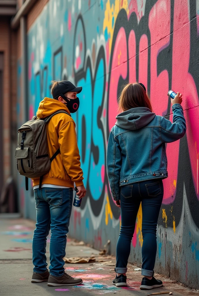 2 friends doing graffiti with spray paint