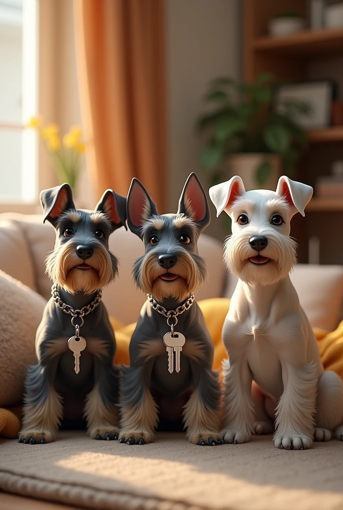 In the picture I need three schnauzer dogs, The dog on the left has erect ears and is of medium height., The dog in the center has semi-drooping ears, a little smaller in stature and holding the keys to an apartment in its snout, and the dog on the right is the tallest of the 3, and has semi-drooping ears, Additionally, this dog has a whiter face than the others. The image must capture all three dogs in their entirety., without any being cut off, and must be set in a home environment, transmitting a feeling of warmth and tenderness. The scene should be very tender and cozy, suitable for a rental real estate business, and should attract the attention of potential customers by highlighting the comfort and home sweet home that the property offers.