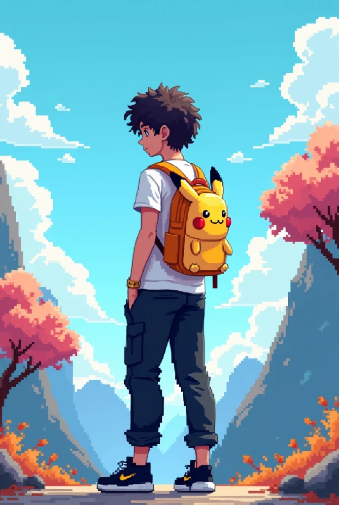 YouTube channel banner,theme pixelated blue sky with clouds,and a guy with curly hair,black cargo pants,white t shirt with a ganger Pokemon backpack.angle is the character in middle photo taken from back side and about 8feet away,more back and a little higher altitude make the angle more back and a Pikachu backpack make it more farr make the character straight and make the image atleast 20 feet away make the backpack a little small and expand the image with a mountain with some snow on top on the left side and a blossom tree at right side make it pixelated and a Pikachu backpack and black Jordan shoes,shoes is solid black make the Pikachu smiling and more cute and he has a skateboard in his left hand,make the skateboard matching to the environment make the image straight and pixelated and a little far back remove skateboard and make backpack a little small and make the image in 16:9 ratio make the character straight and the whole backpack is Pikachu theme make the image pixelated and hair curly and the character straight and about 20 feet away from the backside make the character face straight and the photo is taken from backside make him tall and no skateboard same image just a little back and remove backpack no backpack make it pixelated and remove the Pikachu backpack more back and make the character straight and tall about 20 feet away
Pixelated pixel and the boyis facing front side