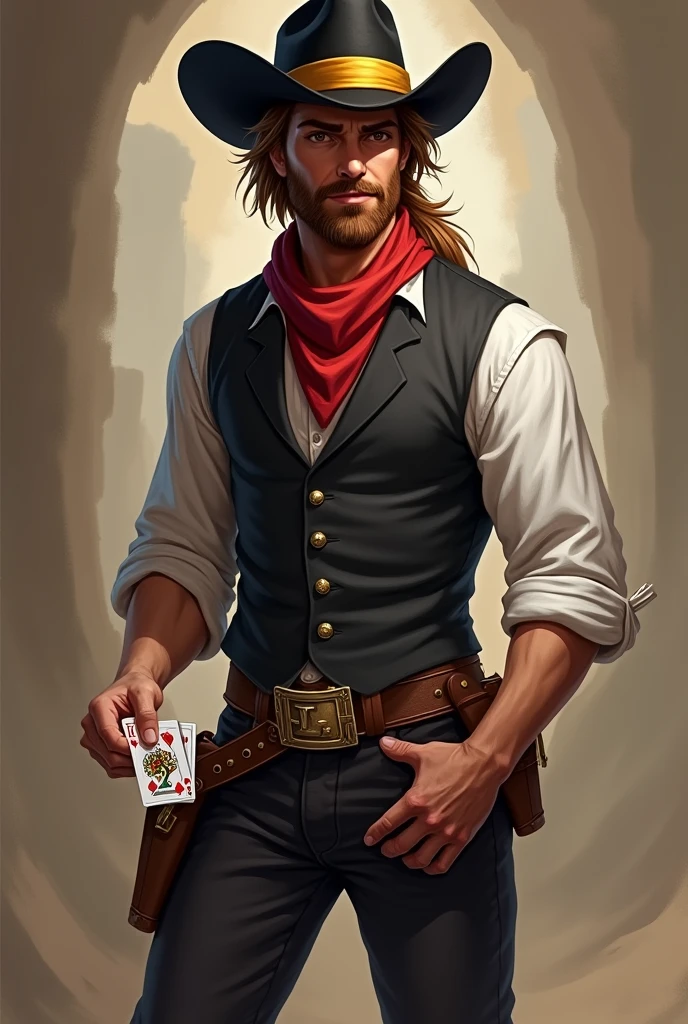 man, brown skin, chestnut hair, 
He has a long messy hairstyle,  with a white streak in his hair,
brown eyes, and a short, well-groomed beard. 
He has a normal physique, wears a black cowboy hat with a yellow band on it., 
He wears a black vest over a rolled-up white dress shirt, a red scarf around his neck, pants with a buckle, and boots with spurs. He is cheerful and well-liked, and he carries two decks of cards with him I would like it to be in a mature style, with the art in a fantasy and RPG style set in the Old West. in 1857