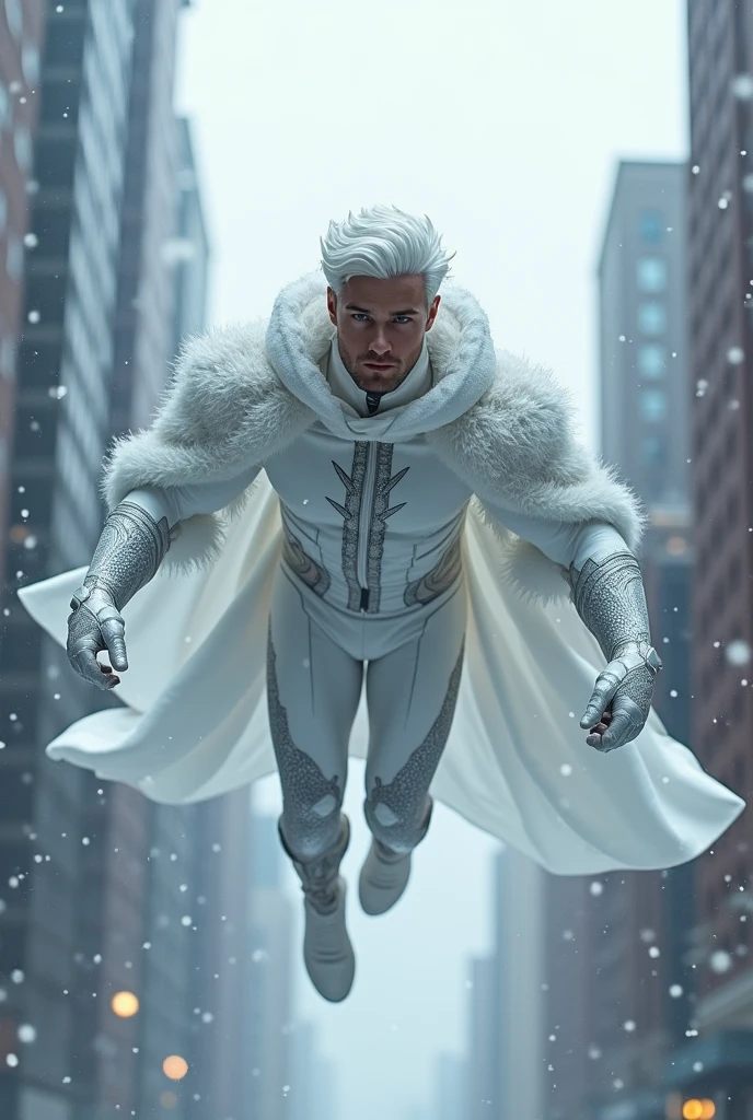 FULL BODY photorealistic white haired handsome hunky young Jack Frost wearing a white and silver hero suit, flying around the City