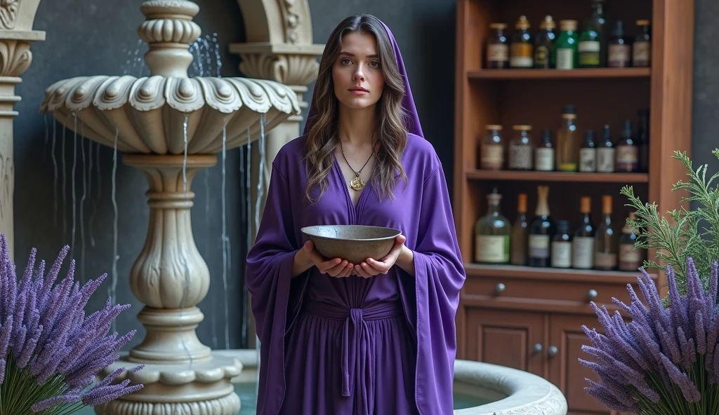 woman in violet priestess cape holding bowl of water, convey depth, in the background a cupboard with various aromatic herbs, essential oils, Lavender, a very large fountain with water behind it