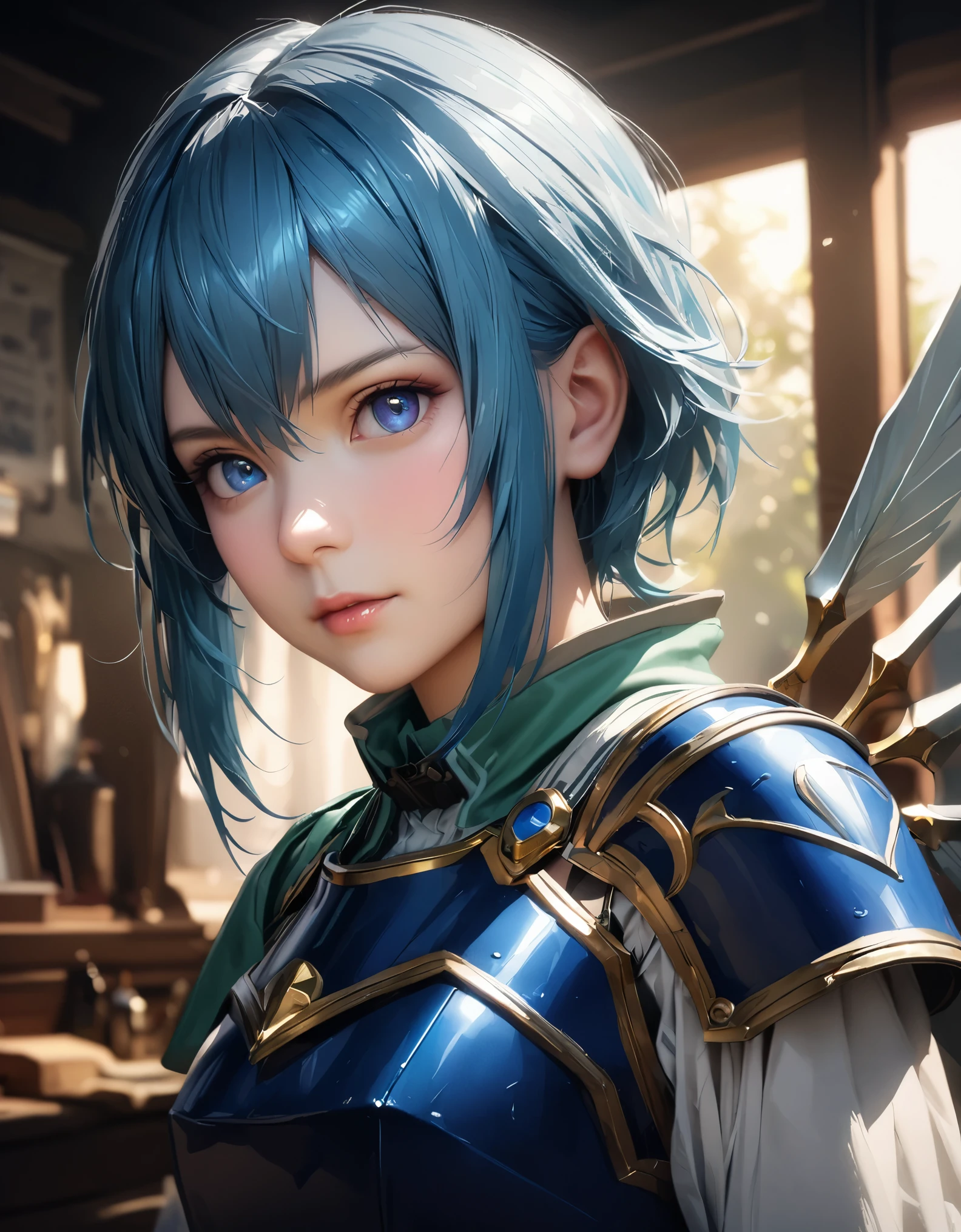 a beautiful detailed portrait of shino asada, short blue hair with bangs, blue eyes, hair accessories, eyebrows, long eyelashes, white gloves, long sleeves, wings, armored shoulder, chest plate, blue armor, (best quality,4k,8k,highres,masterpiece:1.2),ultra-detailed,(realistic,photorealistic,photo-realistic:1.37),HDR,UHD,studio lighting,ultra-fine painting,sharp focus,physically-based rendering,extreme detail description,professional,vivid colors,bokeh