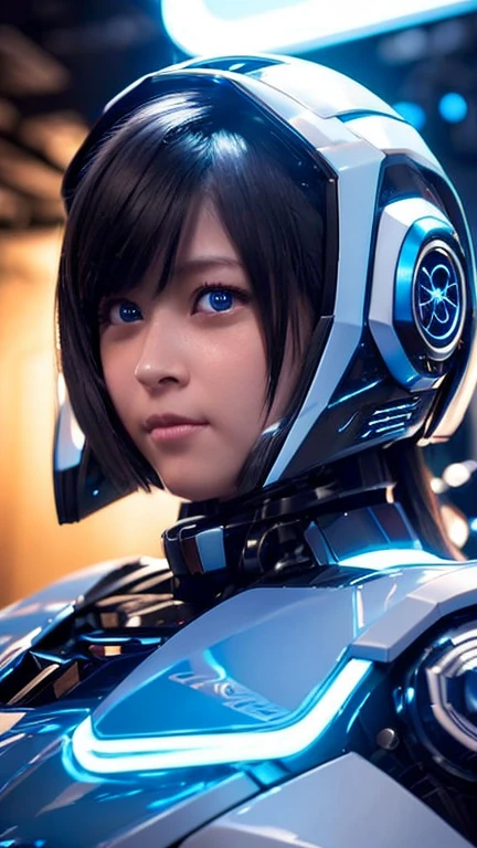 Wide-angle shot, 1 female, Mecha, Glowing blue-black eyes, Very cute face, (Realistic:1.37), バイオMechaニカル, Spaceship interior bokeh background, Ultra-realistic, Very detailed, Very intricate details, Beautiful woman in focus