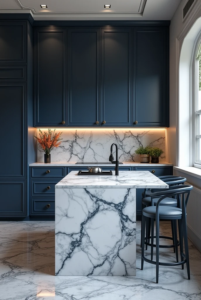 Professional 3d architecture rendering design of modern kitchen with So dark blue vintage and dark gray and white modern chairs shiny white and blue marble island island
