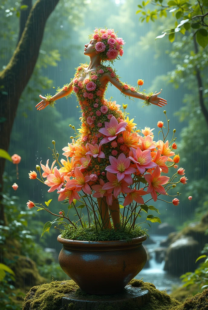 A human like figure made of flowers dancing on a pot, forest rain background