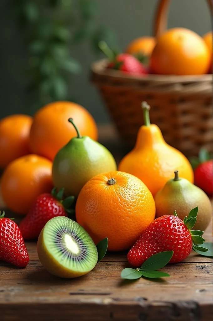 Vitamin C: A composition of fruits rich in vitamin C (orange, kiwi, strawberry) on a wooden desk.