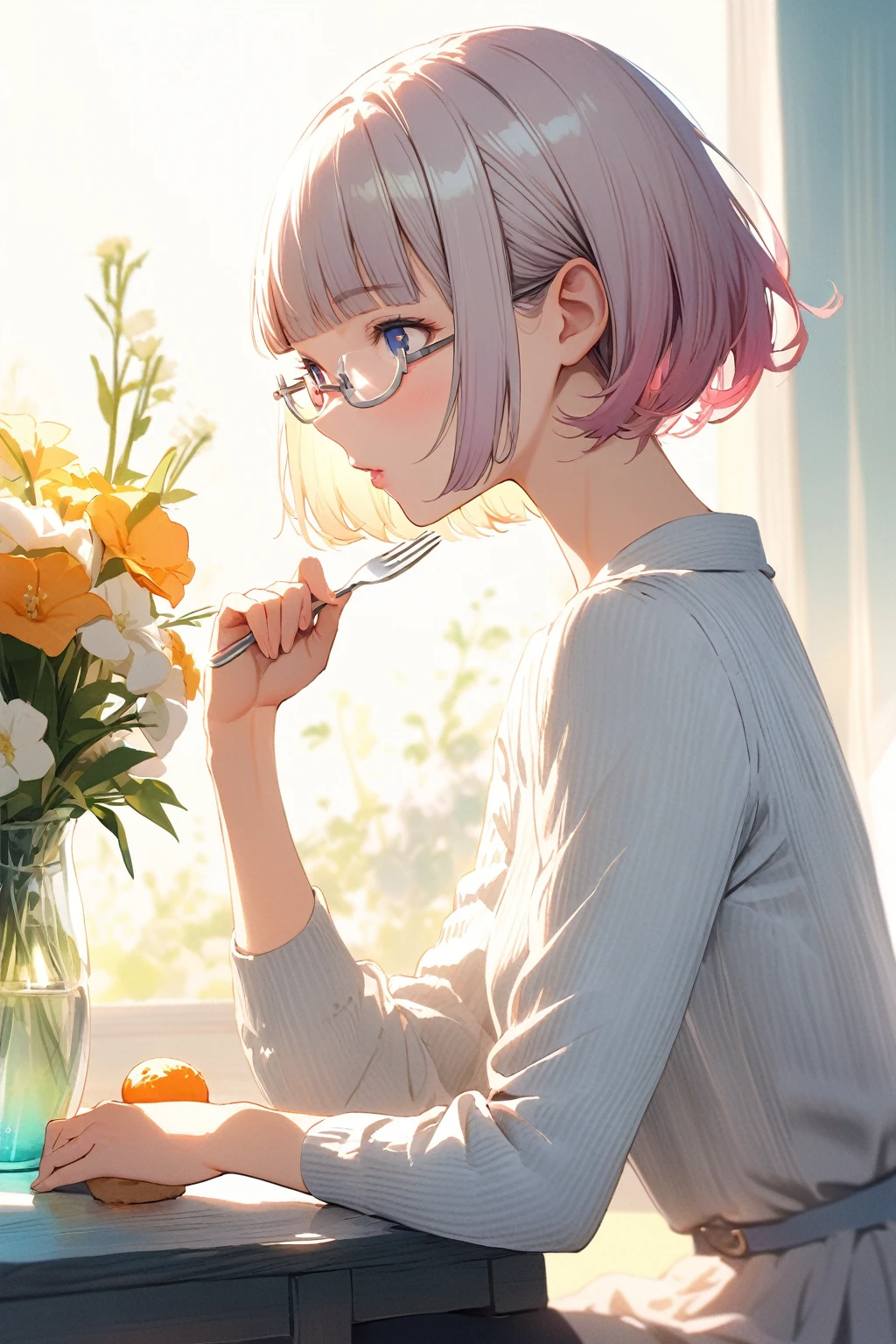 (extremely detailed fine touch:1.3), Vibrant colors, Soft tones, With warm and gentle lighting, girl, solo, (((silver semi-rimless eyewear:1.3))),short hair, blunt bangs, profile, eating food, point the fork at you mouth, pink lips, vase with flowers, 