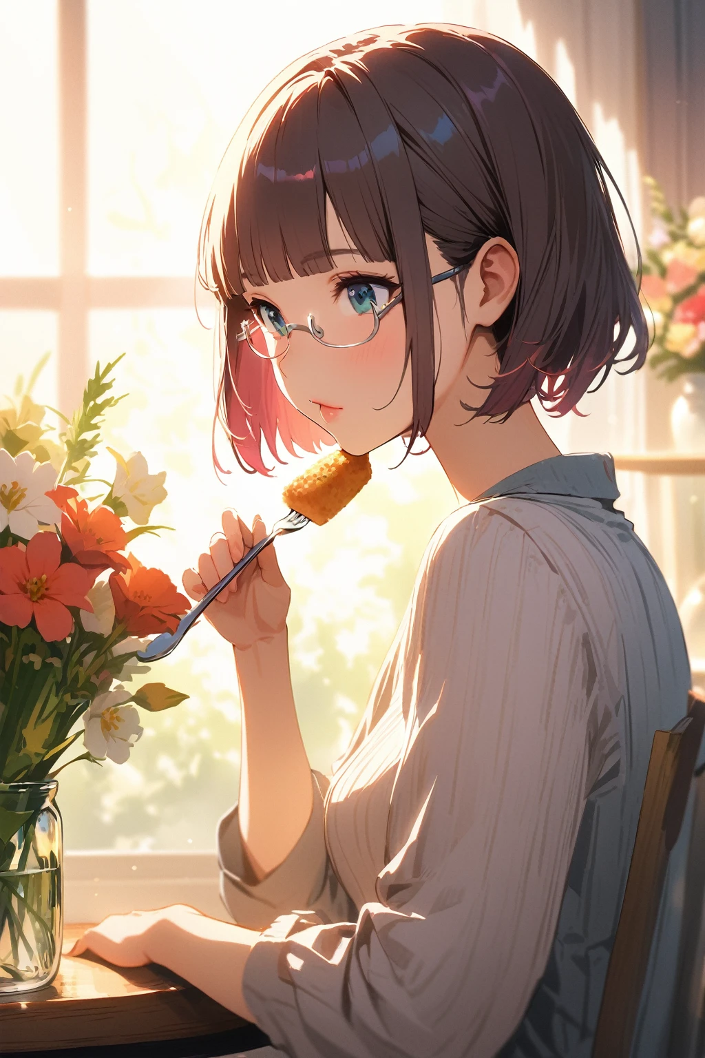 (extremely detailed fine touch:1.3), Vibrant colors, Soft tones, With warm and gentle lighting, girl, solo, (((silver semi-rimless eyewear:1.3))),short hair, blunt bangs, profile, eating food, point the fork at you mouth, pink lips, vase with flowers,