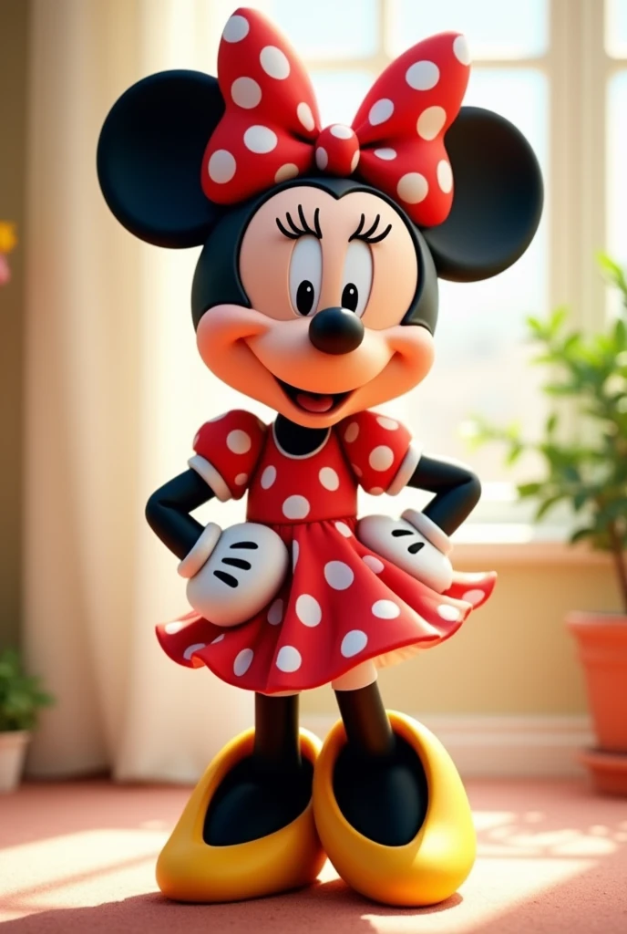 A full body non-realistic animated minie mouse with her red and white polka dot dress