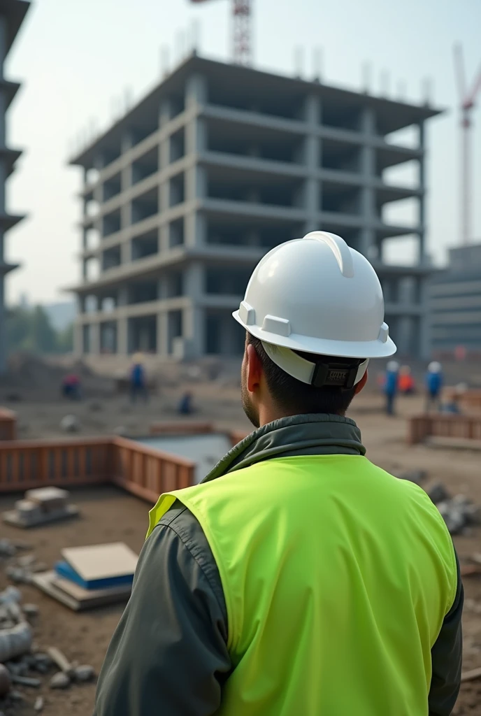 A man inspecting a construction site, wearing green safety jacket (sleeveless) and white safety helmet, his backside, construction site should be halfway made building, the whole should be a real image