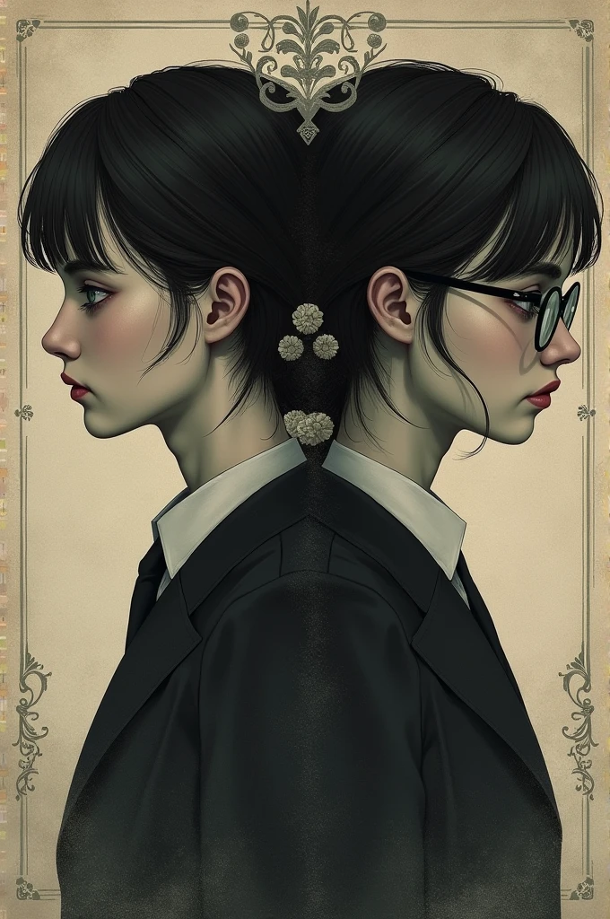 I want to create a matching proflies,there should be a character and only the female should wear glasses whether it be a human form anime or animal..it should not be so colourful and should be a dark vintage art