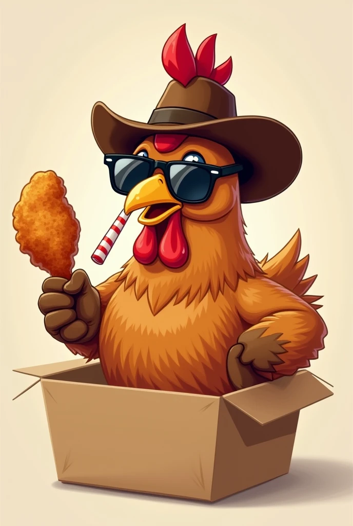 A brown chicken wearing a sunglasses and brown cowboy hat while drinking on straw and holding a fried chicken neck inside small food box: cartoon only