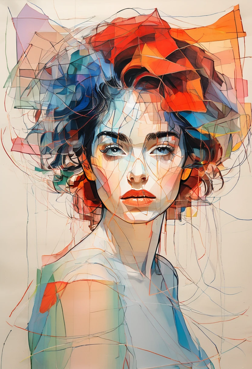 (Highest quality:0.8), (Highest quality:0.8), Perfect illustration((masterpiece, Highest quality)),((expressionist lines, expressive line art, symbolism)), Farbe, one girl's artistic croquis, solo exhibition, look at the viewer, eye-catching, mysterious beauty, short curly hair, Ethereal fashion, ((bust shot)), ((expressionist lines, expressive line drawing, fine lines, symbolism)), expressionism, artistic, top quality: 1.32, masterpiece,