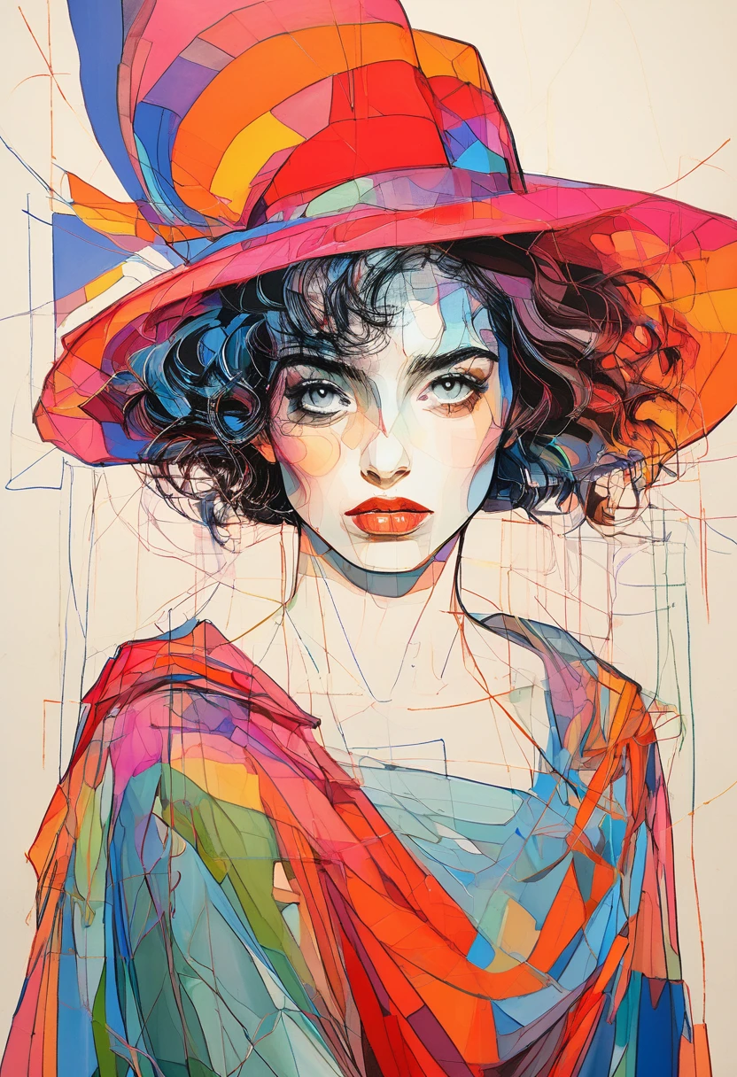 (Highest quality:0.8), (Highest quality:0.8), Perfect illustration((masterpiece, Highest quality)),((expressionist lines, expressive line art, symbolism)), Farbe, one girl's artistic croquis, solo exhibition, look at the viewer, eye-catching, mysterious beauty, short curly hair, Ethereal fashion, ((bust shot)), ((expressionist lines, expressive line drawing, fine lines, symbolism)), expressionism, artistic, top quality: 1.32, masterpiece,