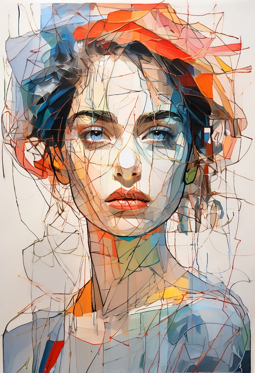(Highest quality:0.8), (Highest quality:0.8), Perfect illustration((masterpiece, Highest quality)),((expressionist lines, expressive line art, symbolism)), Farbe, one girl's artistic croquis, solo exhibition, look at the viewer, eye-catching, mysterious beauty, short curly hair, Ethereal fashion, ((bust shot)), ((expressionist lines, expressive line drawing, fine lines, symbolism)), expressionism, artistic, top quality: 1.32, masterpiece,