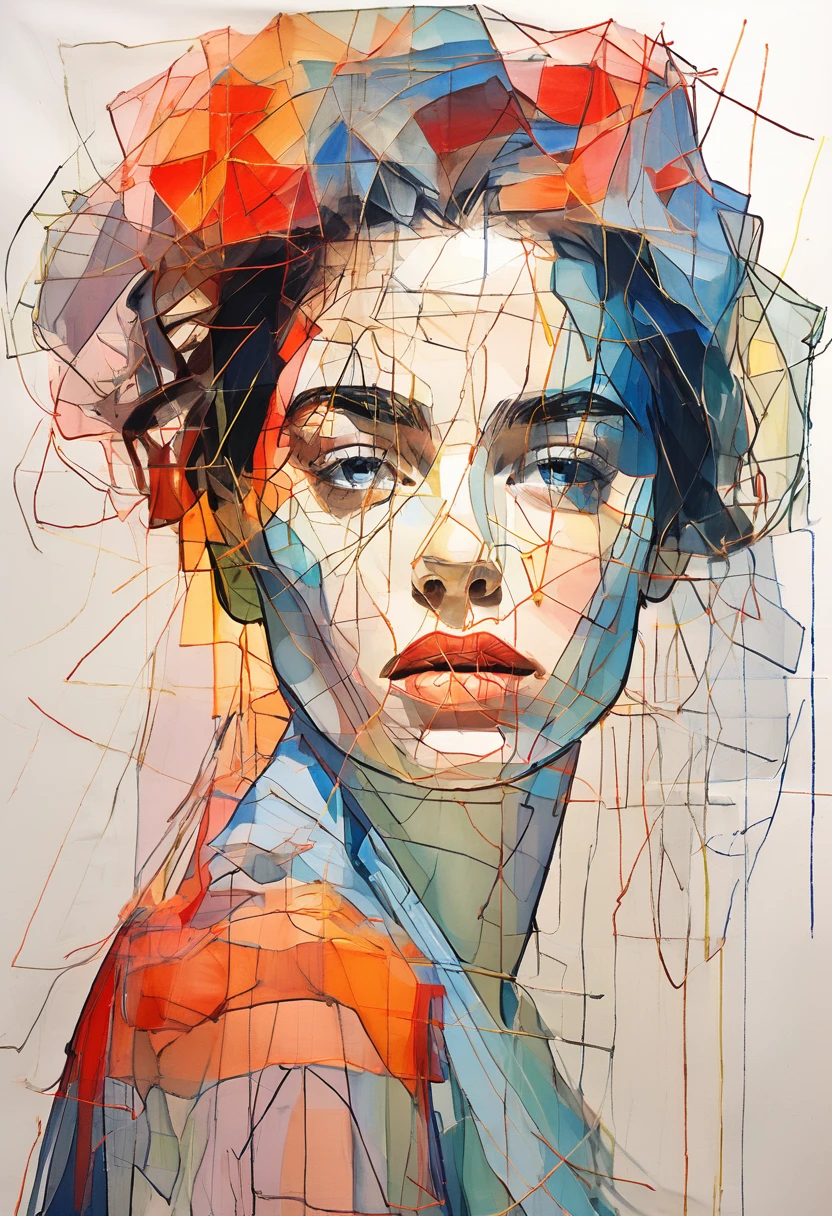 (Highest quality:0.8), (Highest quality:0.8), Perfect illustration((masterpiece, Highest quality)),((expressionist lines, expressive line art, symbolism)), Farbe, one girl's artistic croquis, solo exhibition, look at the viewer, eye-catching, mysterious beauty, short curly hair, Ethereal fashion, ((bust shot)), ((expressionist lines, expressive line drawing, fine lines, symbolism)), expressionism, artistic, top quality: 1.32, masterpiece,