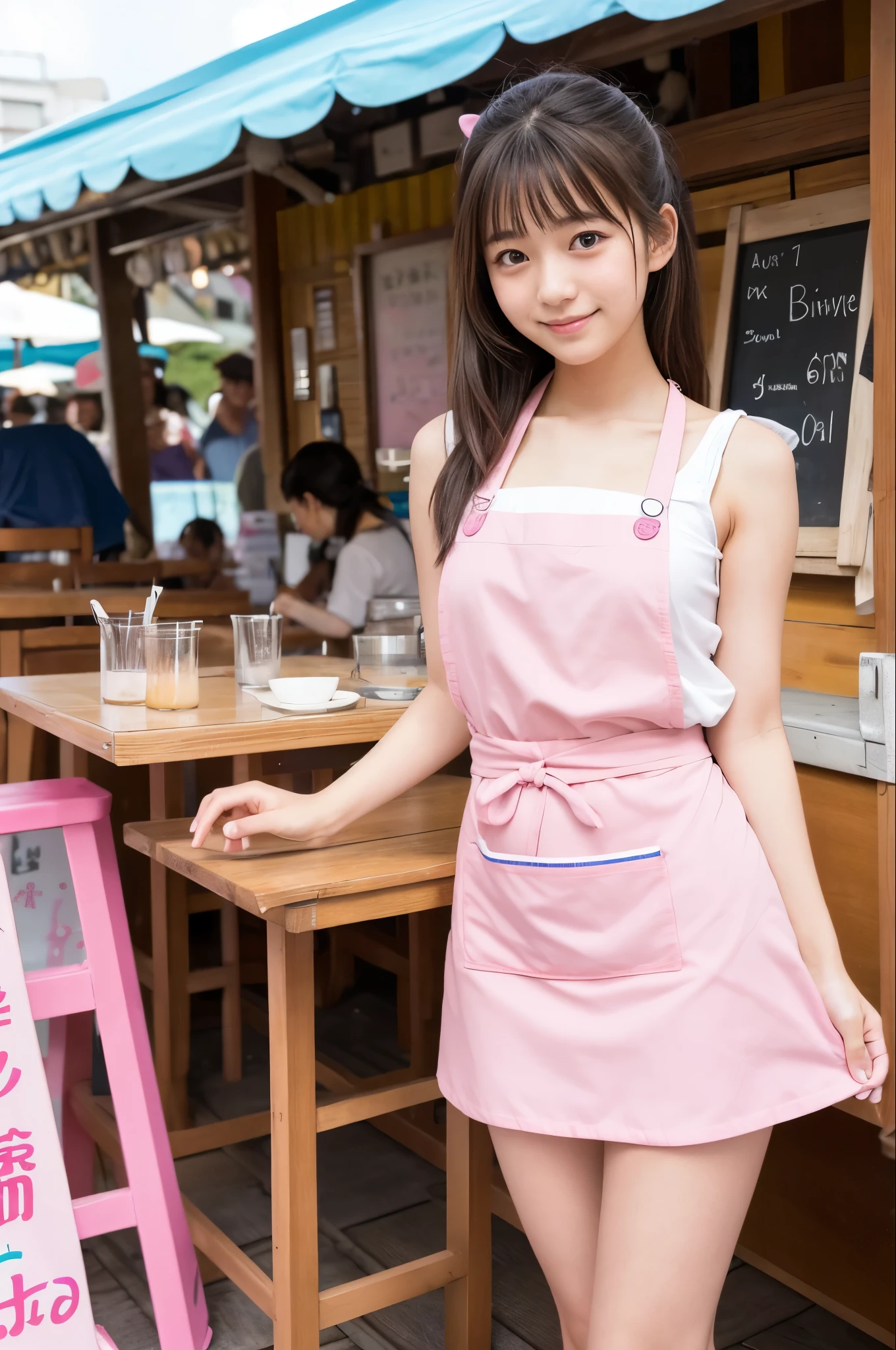 A girl (twenty years old, Japanese cute face) are wearing pink apron, mini skirt at the beach bar