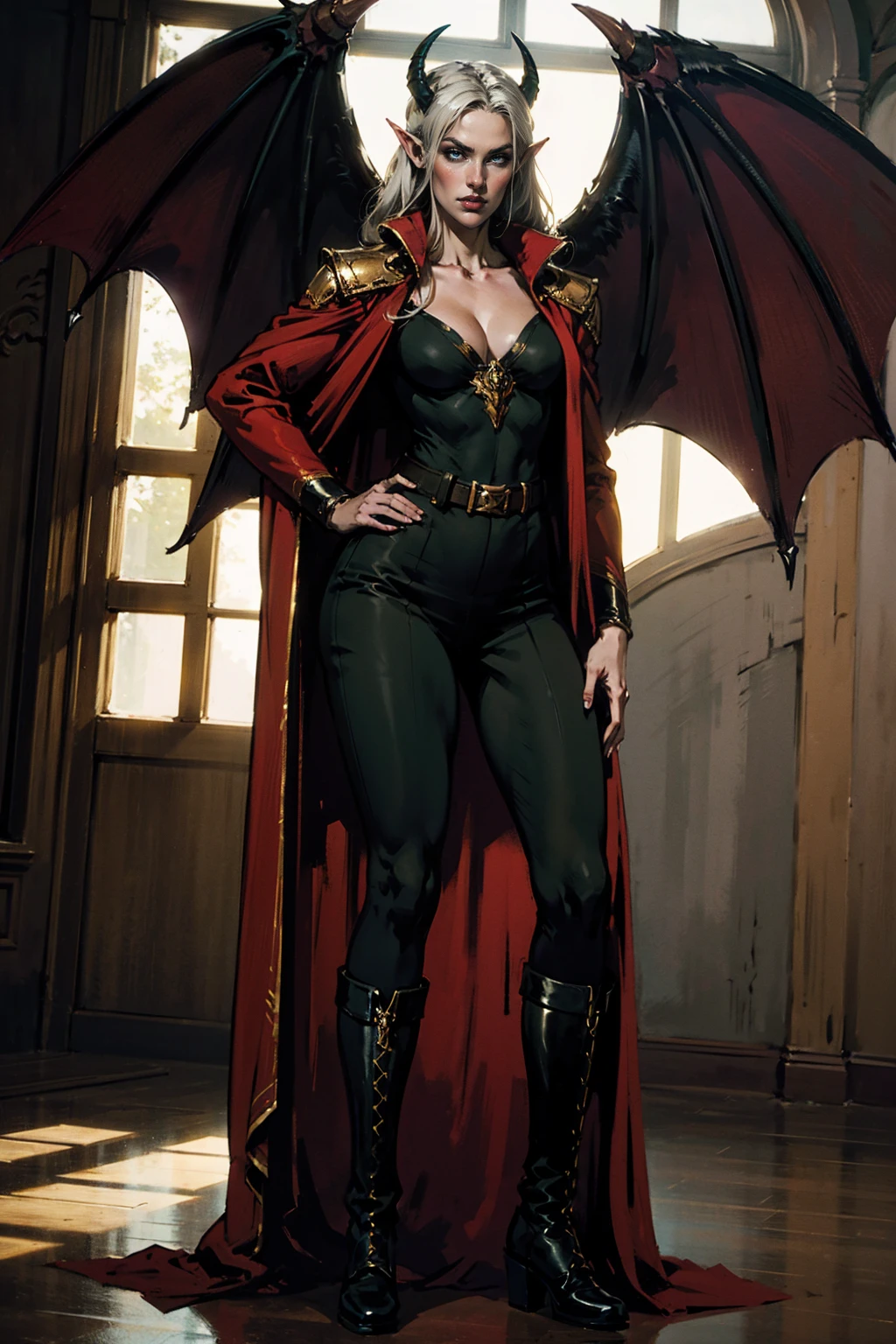 A woman with long platinum blonde hair, choppy bangs, arched crescent eyebrows, sharp and determined eyes, a delicate oval face, a serious expression, a fantasy-style dark green military coat, draped with a dark red cloak, military trousers, leather combat boots, silver greaves leggings, one hand on her hip, standing in a spacious training ground, this character embodies a finely crafted fantasy-style female military officer in anime style, exquisite and mature manga art style, pale skin, high definition, best quality, highres, ultra-detailed, ultra-fine painting, extremely delicate, professional, perfect body proportions, golden ratio, anatomically correct, symmetrical face, extremely detailed eyes and face, high quality eyes, creativity, RAW photo, UHD, 32k, Natural light, cinematic lighting, masterpiece-anatomy-perfect, masterpiece:1.5, horned girl, devil horns, elf ears, cleavage, thigh, short skirt, sexy, wide demonic wings, wide demonic wings, wide demonic wings, wide demonic wings