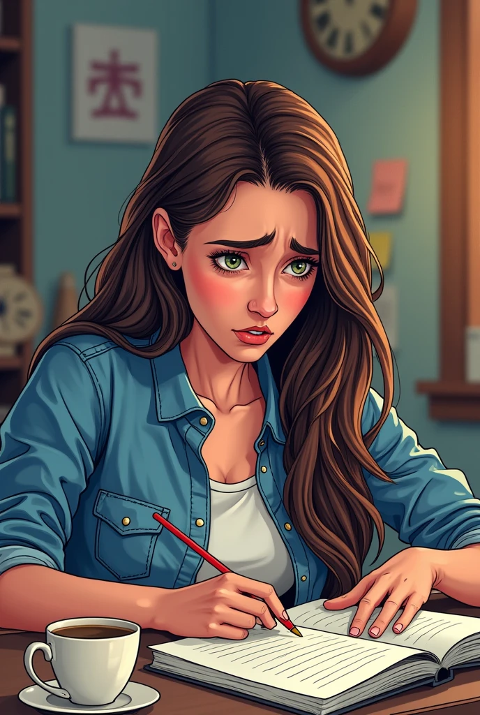 Worried woman studying for entrance exam comic style long hair wearing denim shirt 
