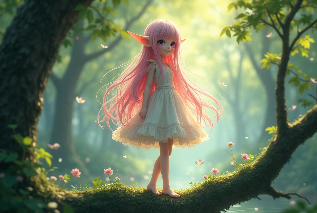 Beautiful girl standing on a tree、Dress、Fluffy frilly lace、Slender Body、An innocent smile、Pink Hair、Hollow eyes、A beautiful girl standing quietly、Deep purple eyes、Elf Ears