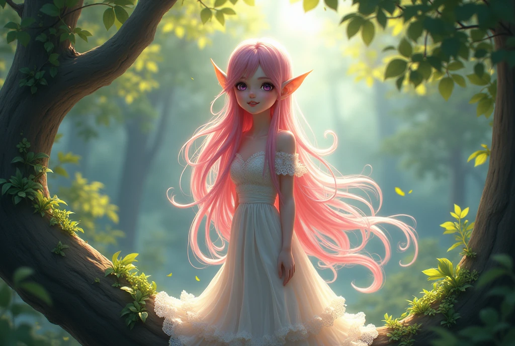 Beautiful girl standing on a tree、Dress、Fluffy frilly lace、Slender Body、An innocent smile、Pink Hair、Hollow eyes、A beautiful girl standing quietly、Deep purple eyes、Elf Ears